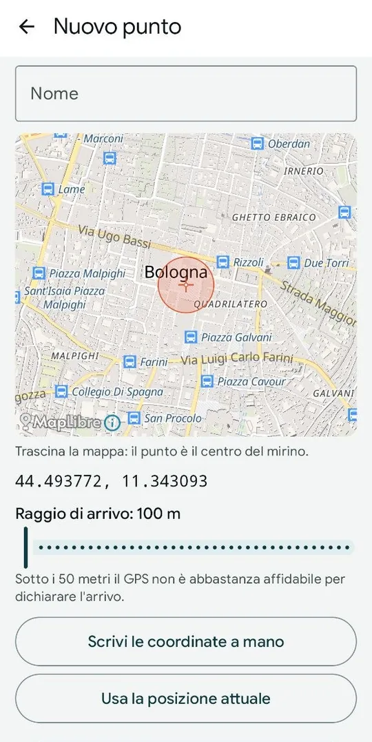 La scelta della destinazione, con il raggio di arrivo.