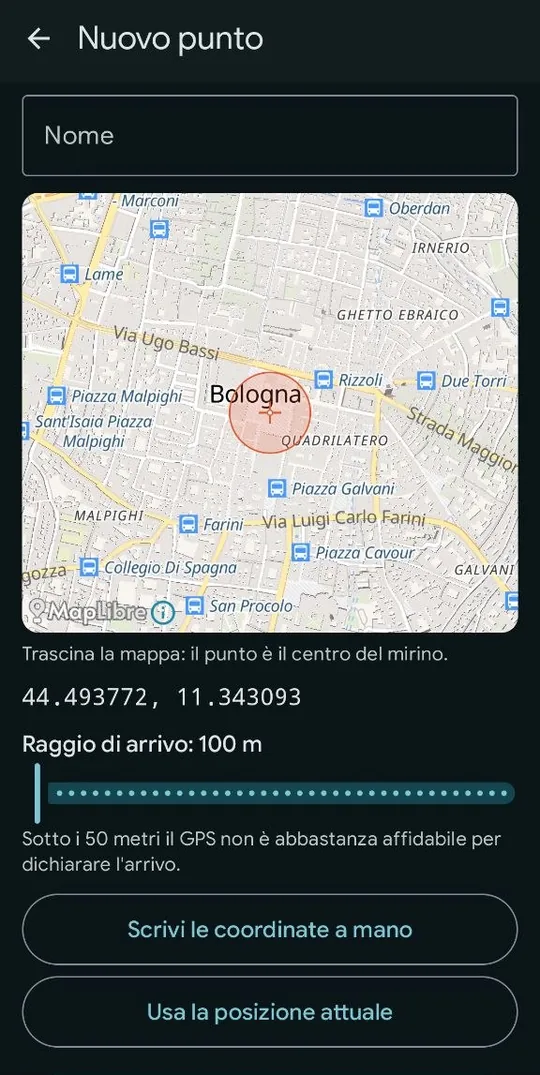 La scelta della destinazione, con il raggio di arrivo.